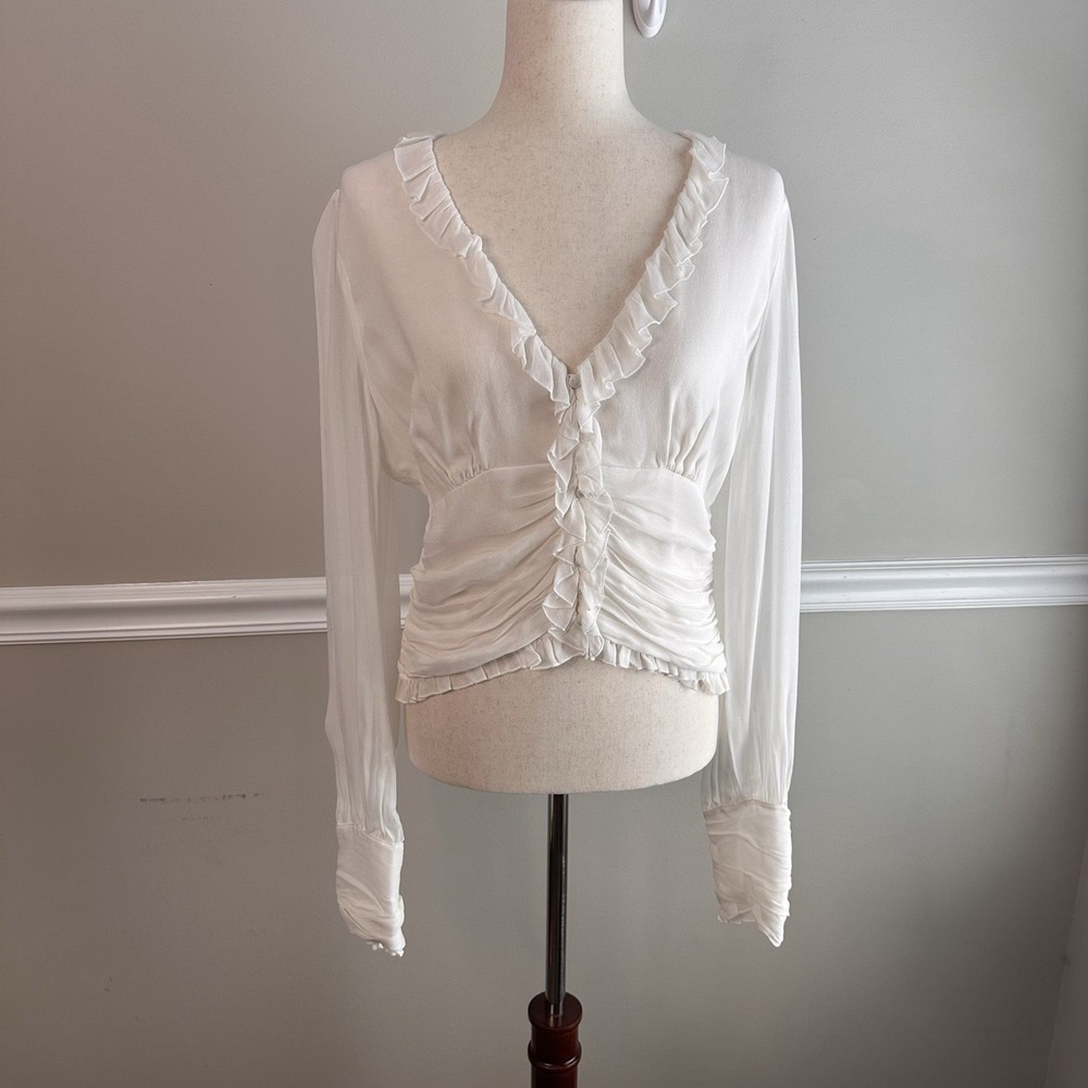 Free People Ivory Victoria Ruffle Ruched Blouse M Boho Edwardian Ethereal Sheer